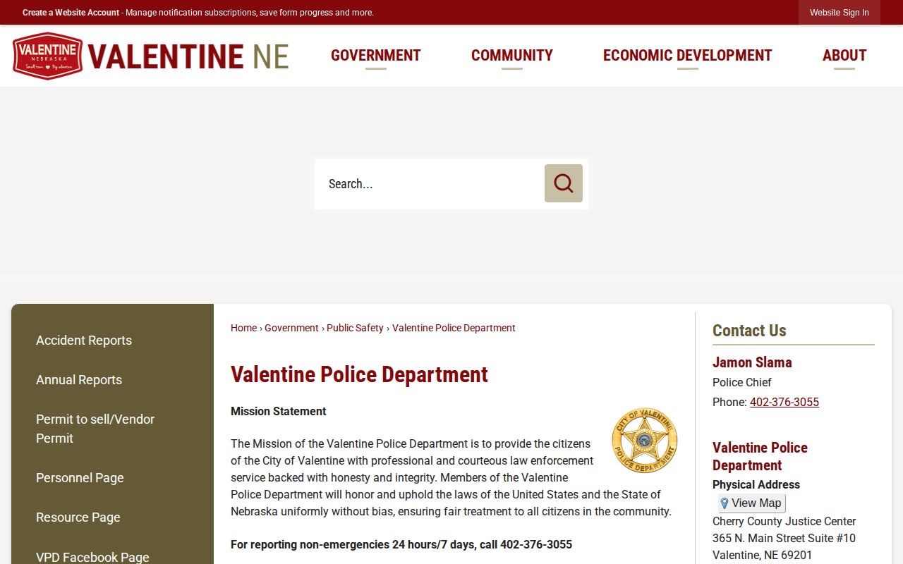 Valentine Police Department source for local arrest and booking records